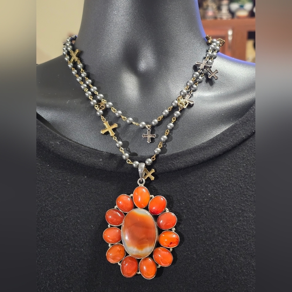 Vintage Gothic Revival 925 Carnelian Pendant On Rosary Style Necklace